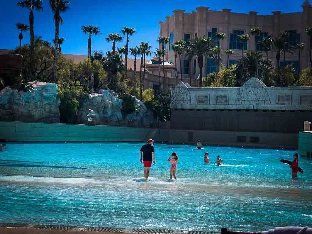 girl and father in the wave pool at mandalay bay hotel
