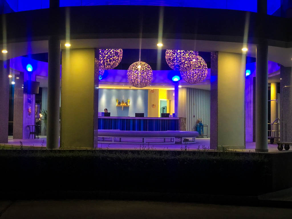 hotel reception at nightime